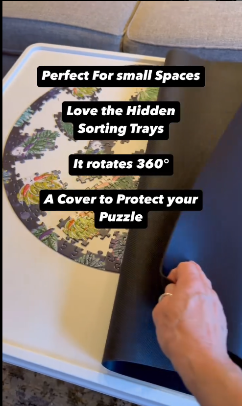 Playboda 360-degree rotating puzzle board with hidden drawers and black protective cover, perfect for small spaces.