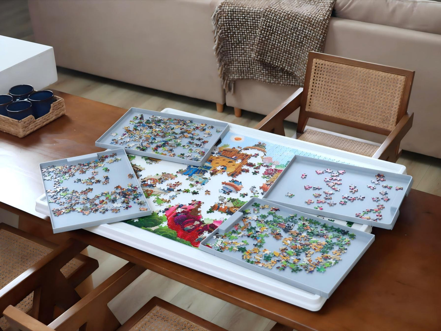 Overhead view of a 1500-piece whiteboard puzzle table with multiple grey sorting drawers and colorful jigsaw pieces in a cozy living room
