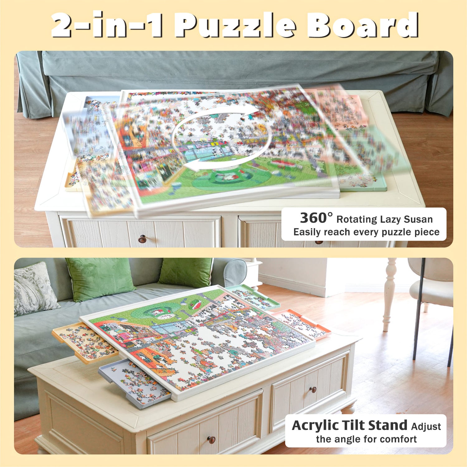 2-in-1 rotating and tilting puzzle board with 360 degree lazy susan and adjustable acrylic tilt stand, jigsaw puzzle table for adults