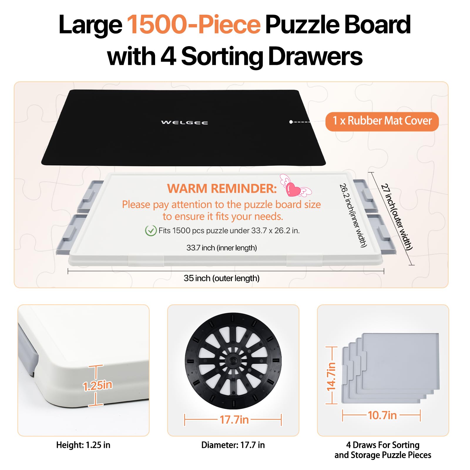 A large Playboda 1500-piece puzzle board with four sorting drawers, showing detailed dimensions, rotating base size, board thickness, and rubber mat cover for puzzle protection.