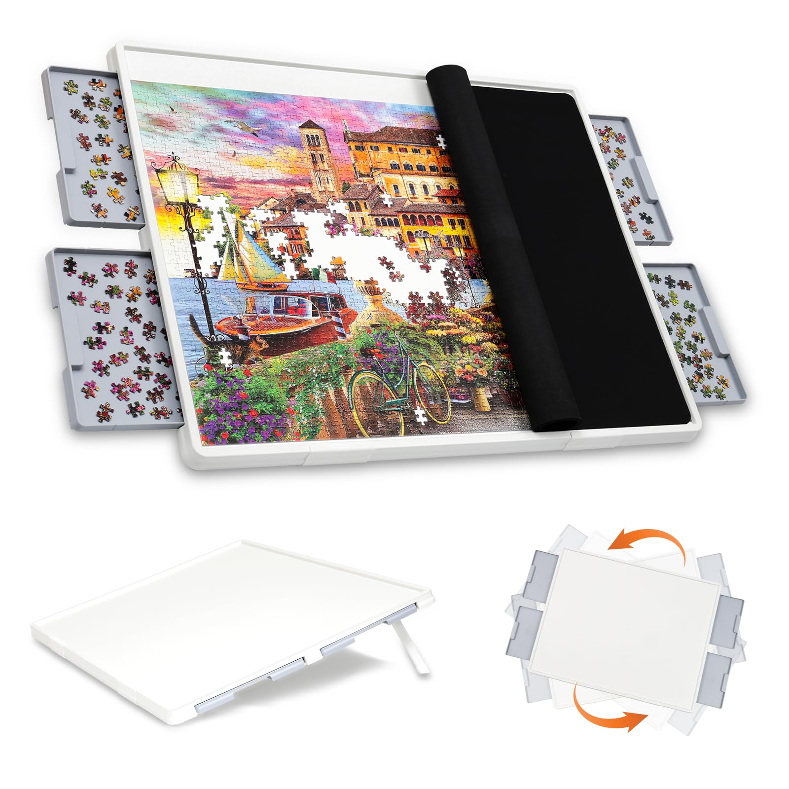 A Playboda 1500-piece puzzle board featuring a tilting stand, 360-degree rotation, four built-in sorting drawers, and a protective roll-up cover, shown with a colorful jigsaw puzzle in progress.