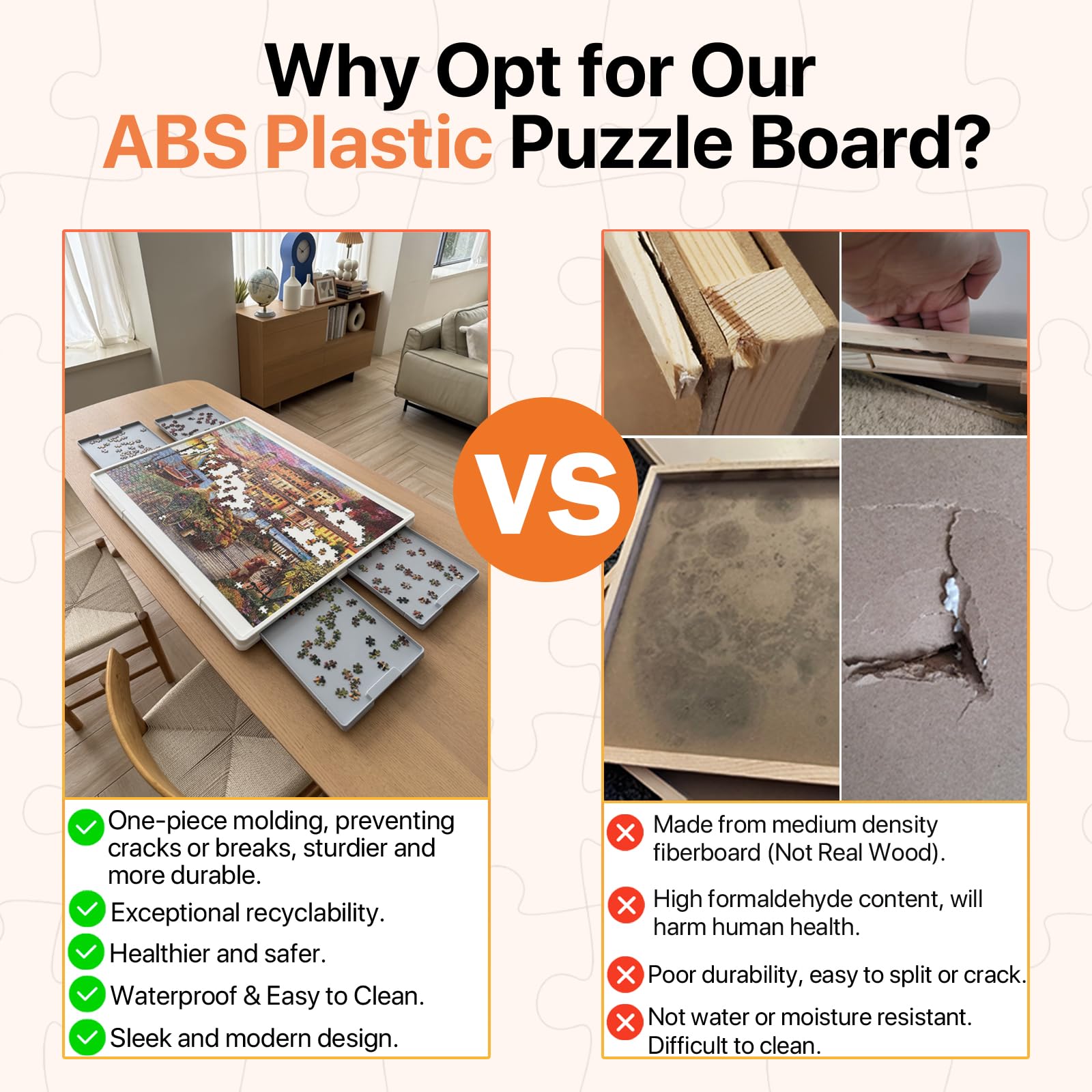 Comparison of a Playboda ABS plastic puzzle board versus wooden puzzle boards, highlighting waterproof design, durability, easy cleaning, and safer one-piece molded construction.