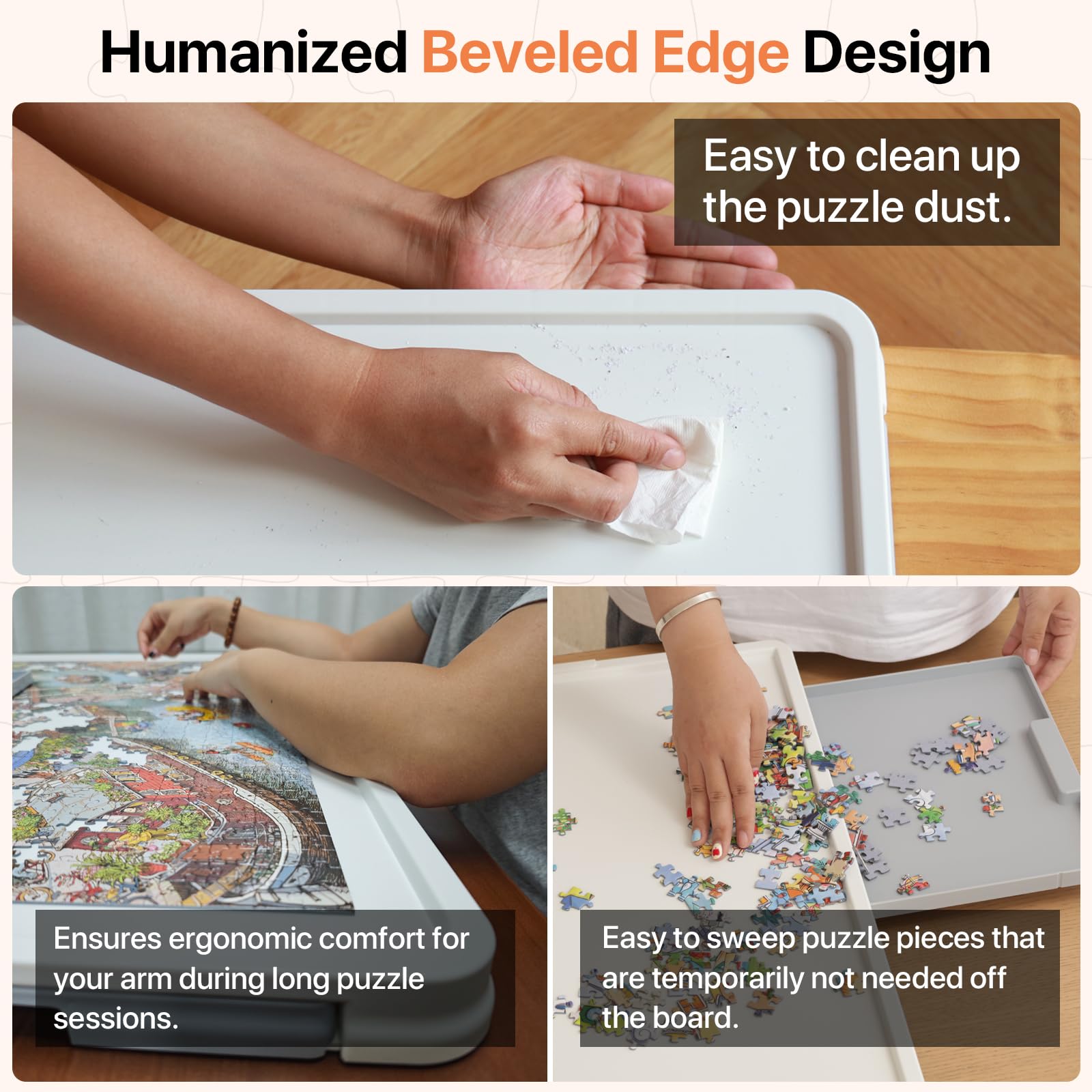 Playboda puzzle board with humanized beveled edge design, allowing easy cleanup of puzzle dust, smooth sweeping of pieces, and ergonomic arm support during long puzzling sessions.