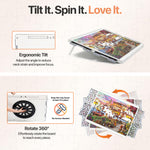 Playboda tilting and rotating puzzle board featuring ergonomic tilt adjustment and smooth 360-degree lazy Susan rotation for easy access to every puzzle piece.