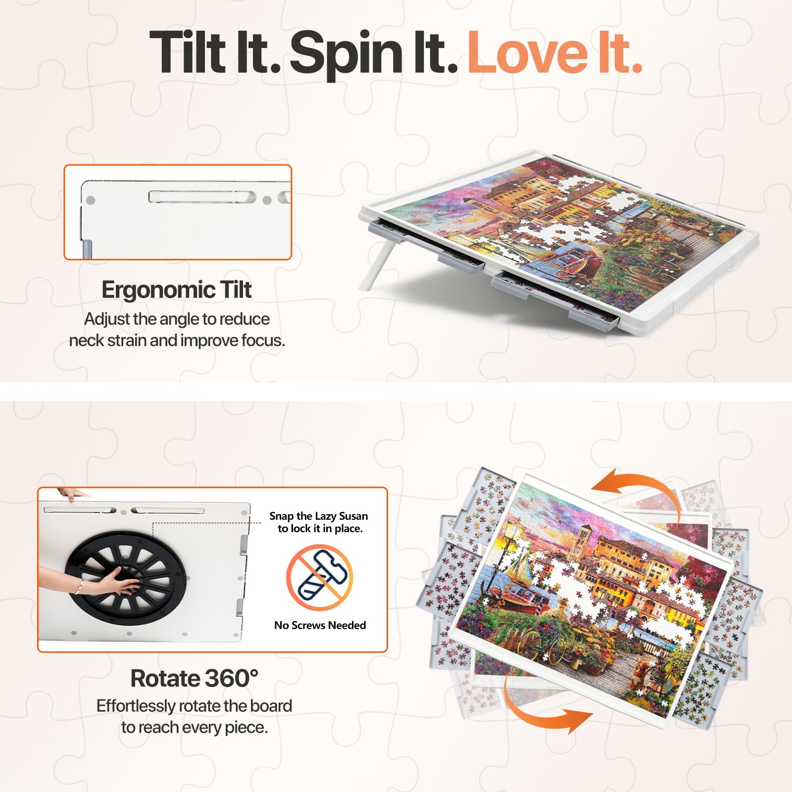 Playboda tilting and rotating puzzle board featuring ergonomic tilt adjustment and smooth 360-degree lazy Susan rotation for easy access to every puzzle piece.