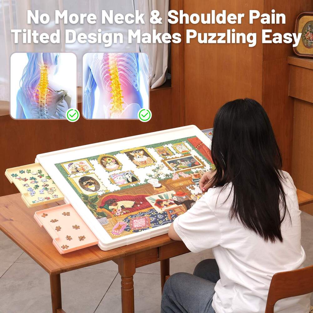 Tilting puzzle board with foldable stand for ergonomic, comfortable puzzling