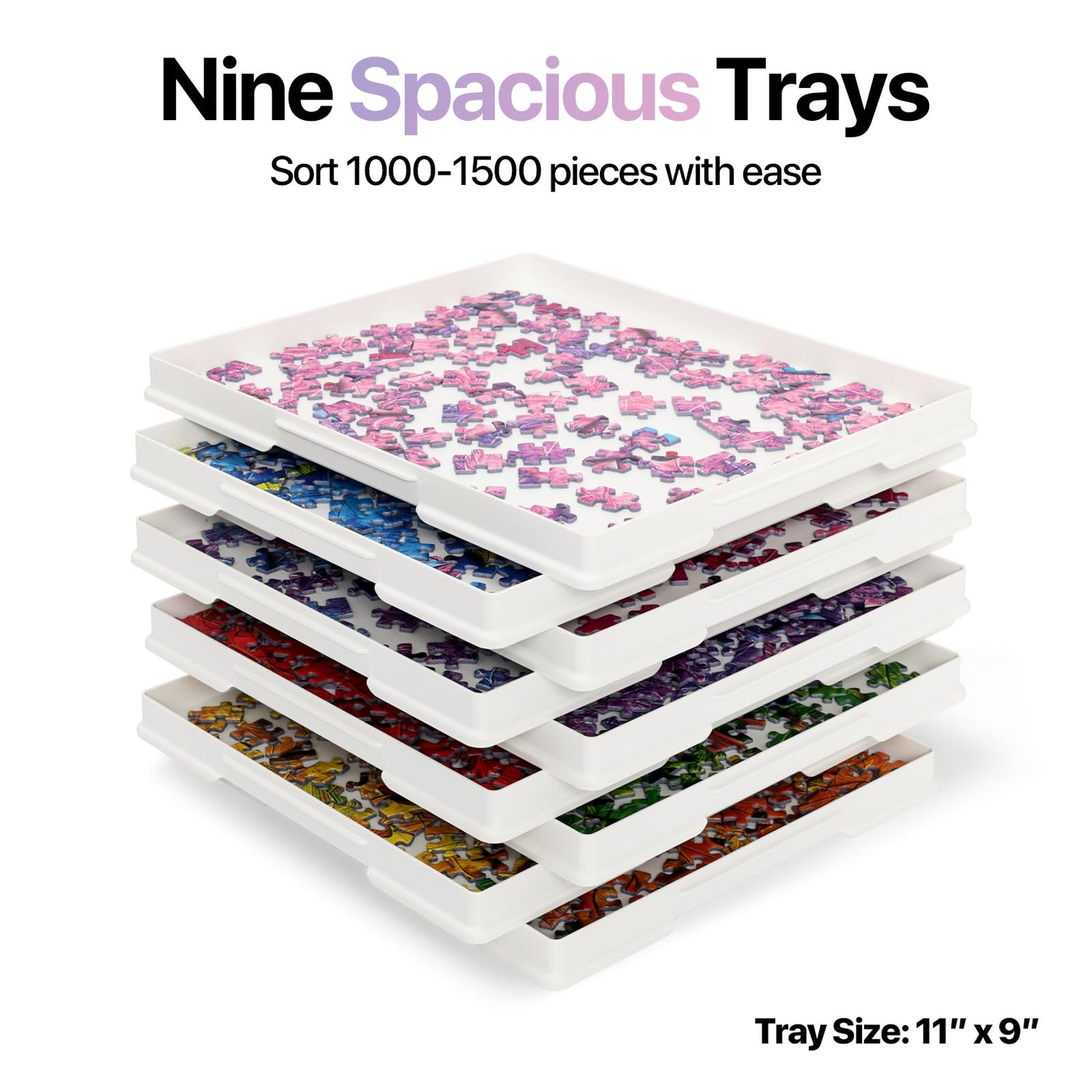 Playboda 9-Pack Puzzle Sorting Trays with Lid & Box Stand, Stackable Trays for 1000–1500 Piece Jigsaw Puzzles