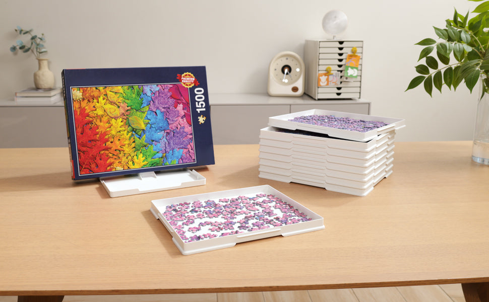 Playboda 9-Pack Puzzle Sorting Trays with Lid & Box Stand, Stackable Trays for 1000–1500 Piece Jigsaw Puzzles