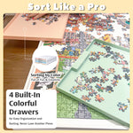 Puzzle board with 4 built-in colorful drawers for sorting pieces by color