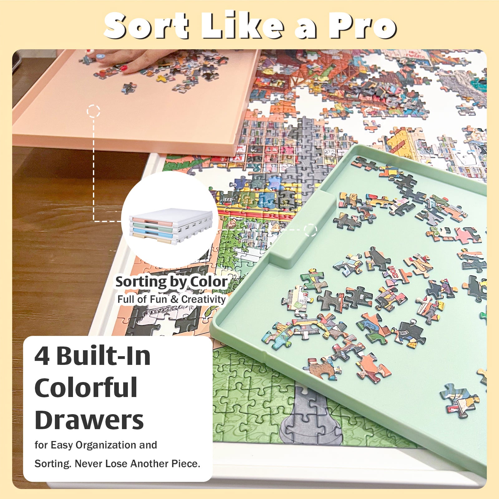 Puzzle board with 4 built-in colorful drawers for sorting pieces by color