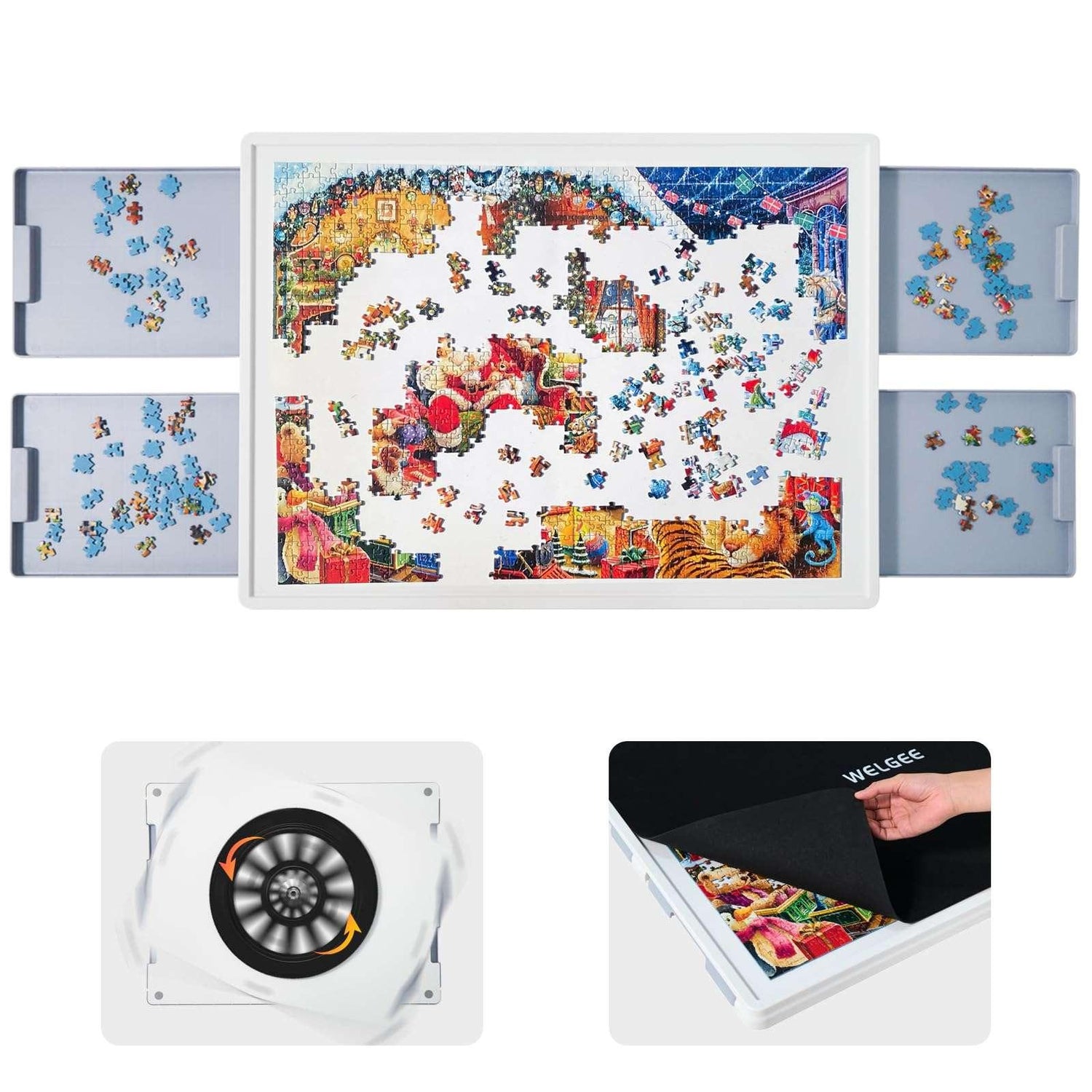 1000 Piece Rotating Puzzle Board – Plastic, Gray Drawers - Playboda