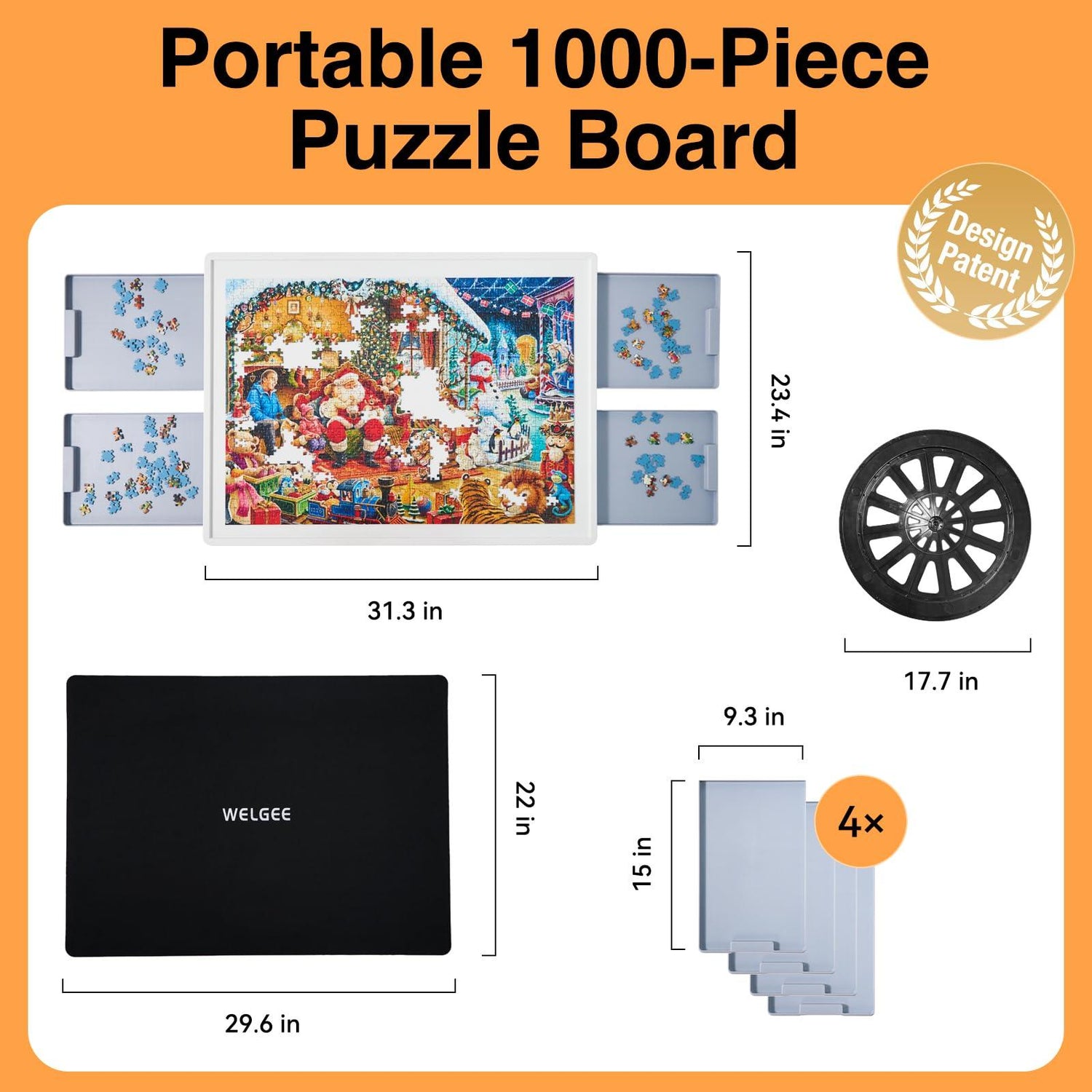 1000 Piece Rotating Puzzle Board – Plastic, Gray Drawers - Playboda