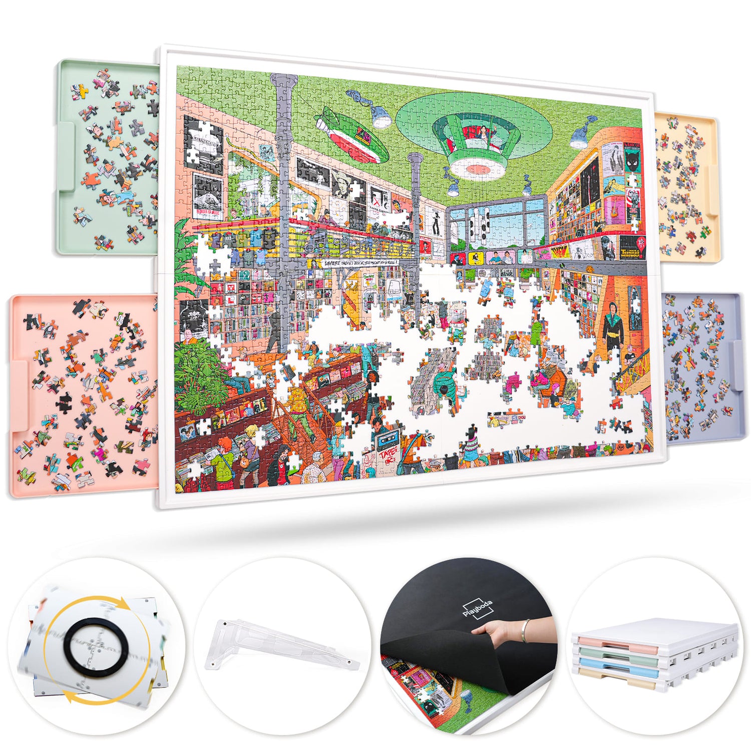 1500 piece rotating and tilting puzzle board with 4 color drawers and cover, portable jigsaw puzzle table for adults