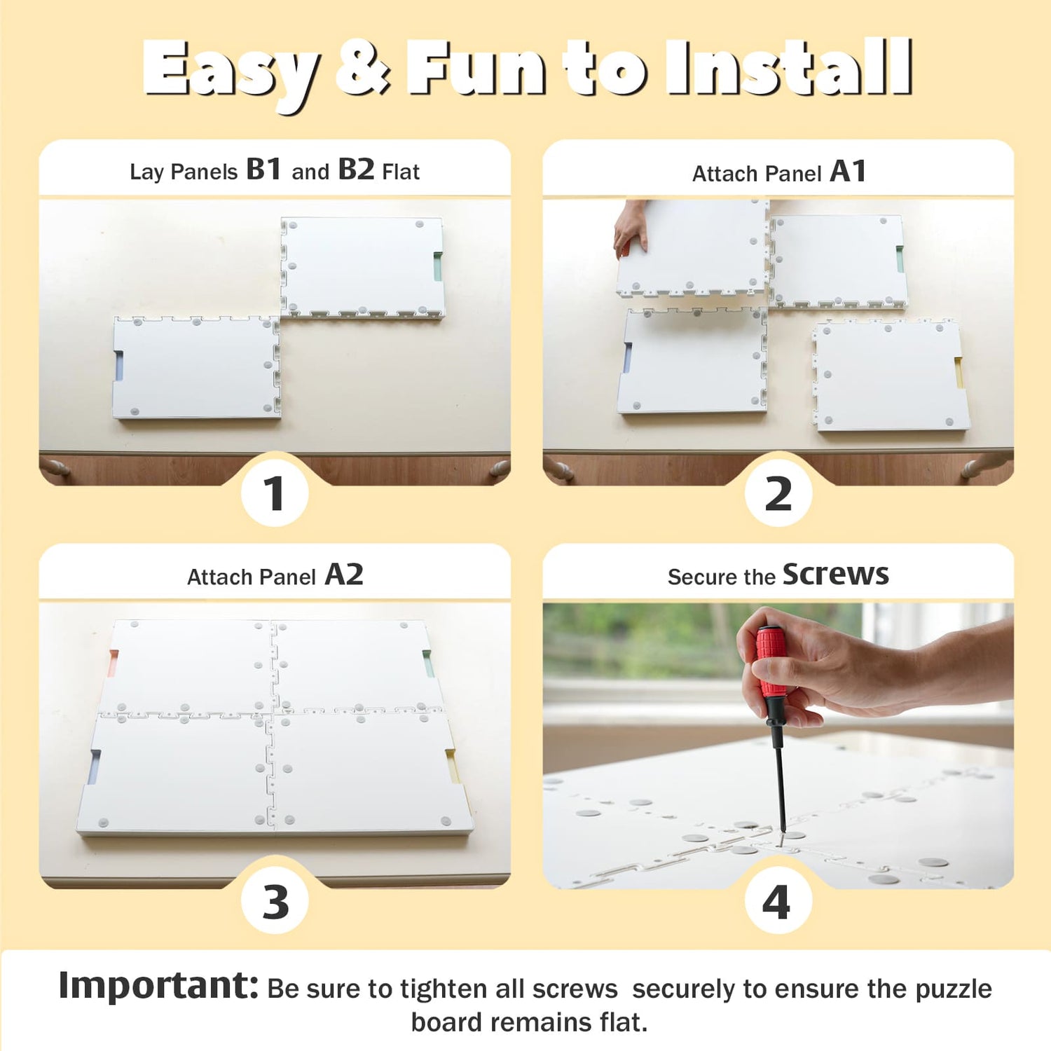 Step by step assembly guide for 2-in-1 rotating and tilting puzzle board, easy to install jigsaw puzzle table with screws and panels