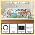 Package contents of 2-in-1 rotating and tilting puzzle board 32x24 inch, includes lazy susan, acrylic tilt stand, protective mat and 4 color drawers