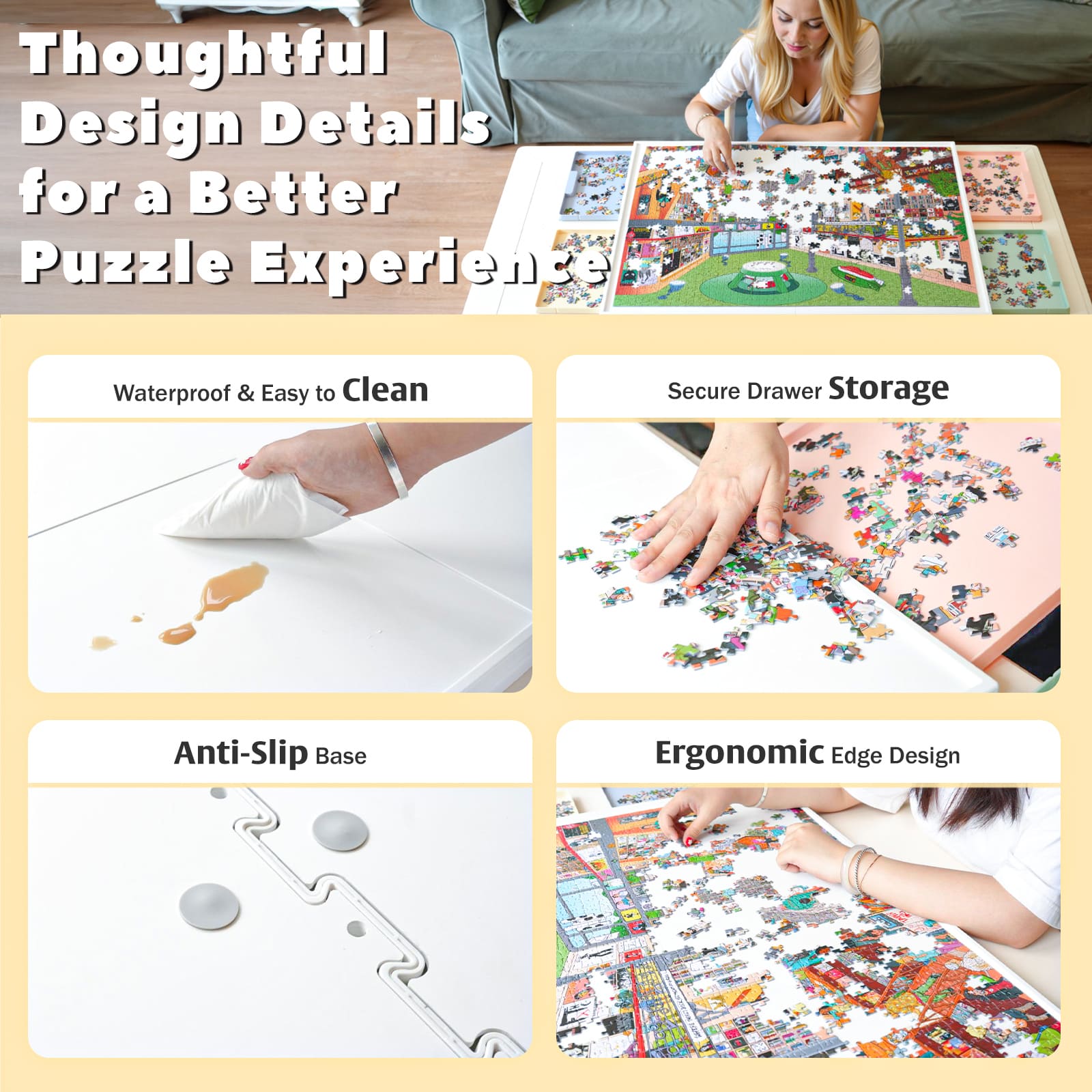 Waterproof puzzle board with secure drawer storage and easy to clean surface