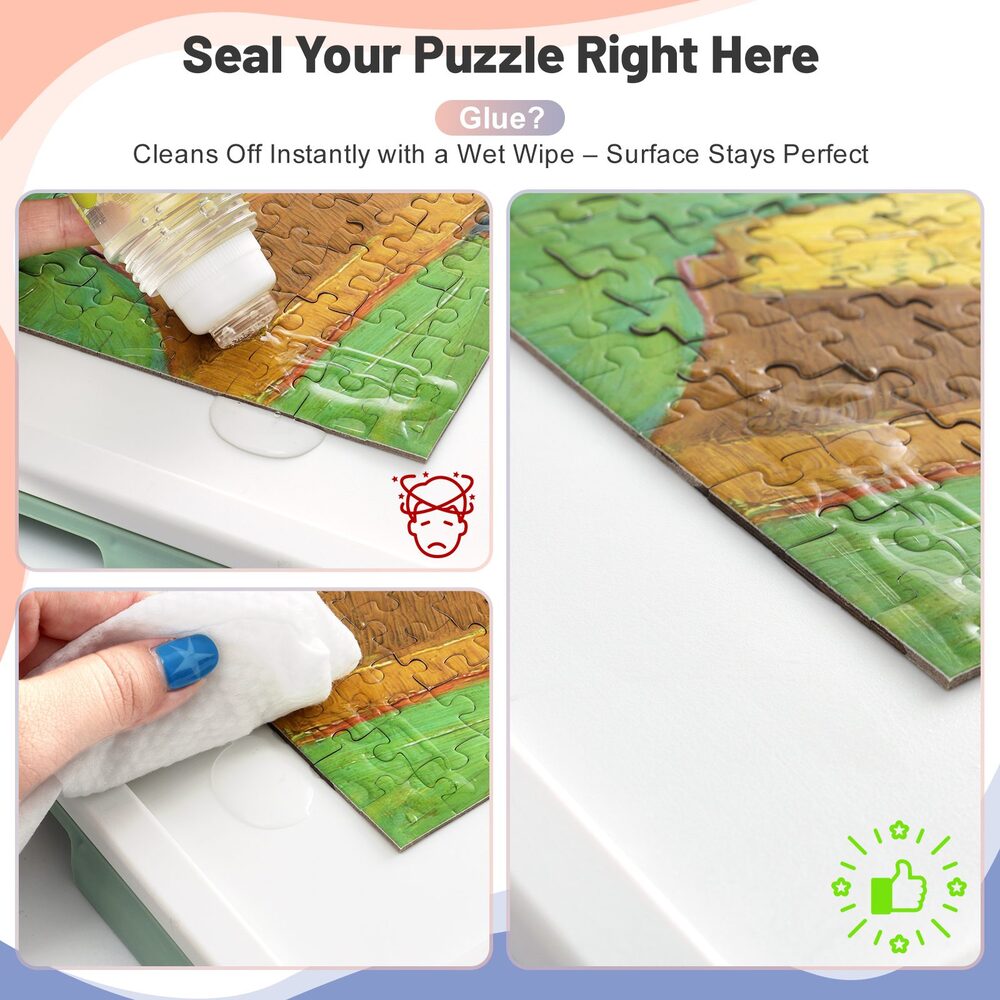 Puzzle glue applied on jigsaw, easy to wipe clean, surface stays perfect