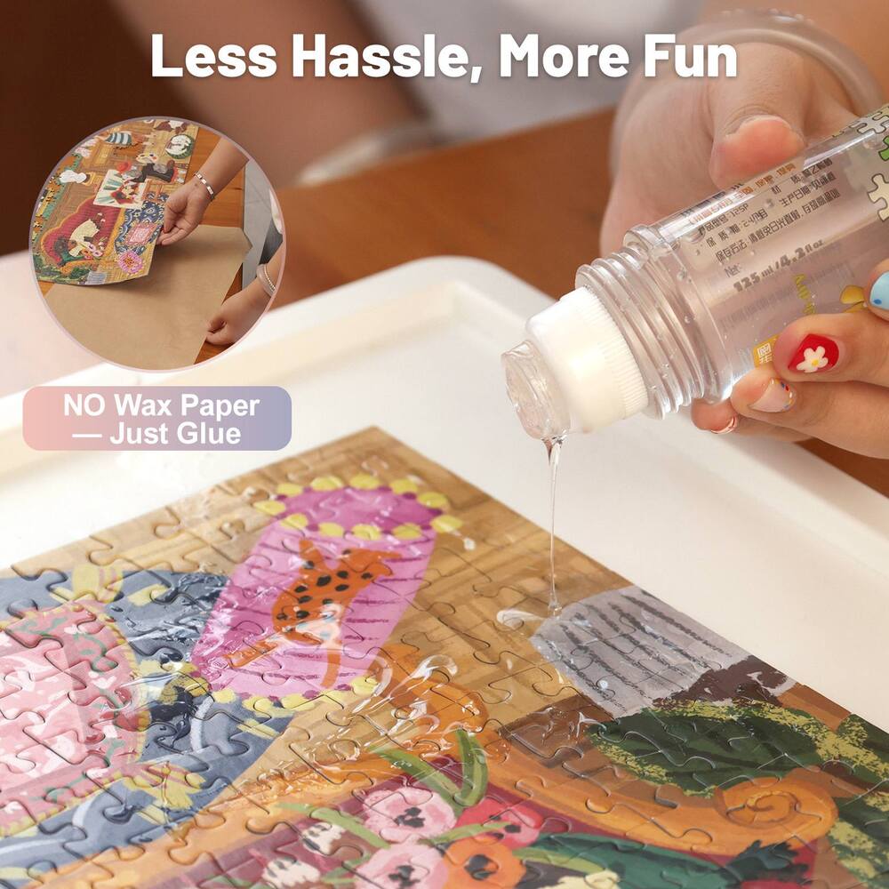 Puzzle glue applied without wax paper, hassle free sealing for jigsaw