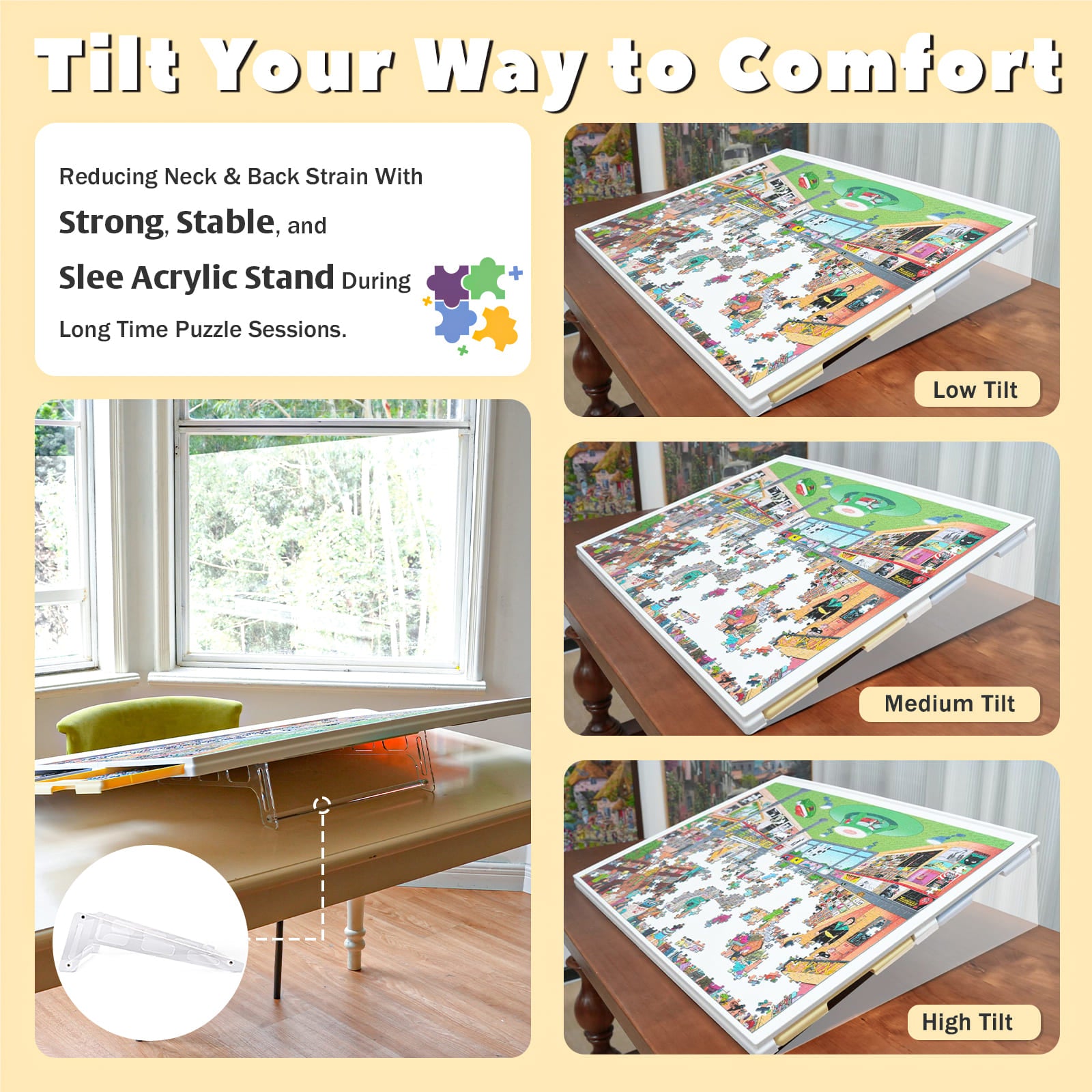 Adjustable tilting puzzle board with strong acrylic stand for comfort